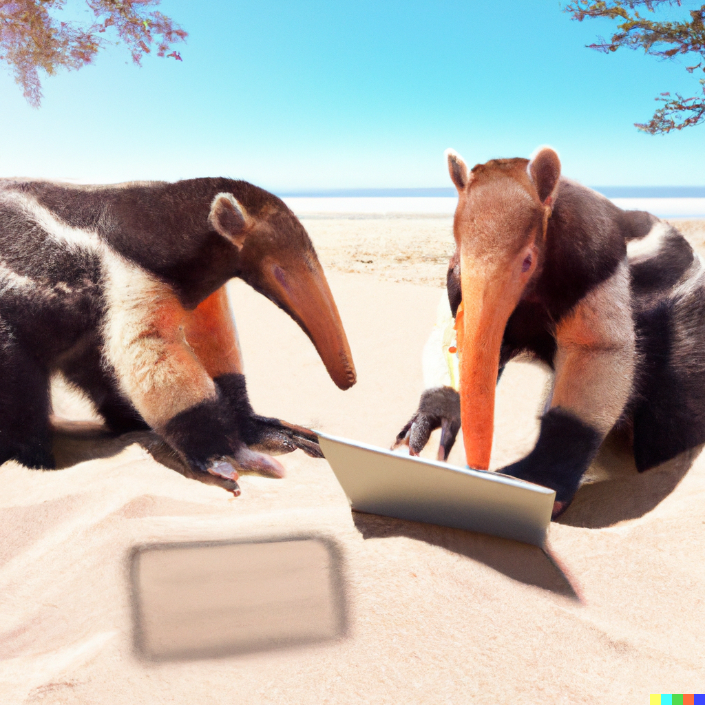 Artificially generated images of two anteaters doing pair programming in a beach.